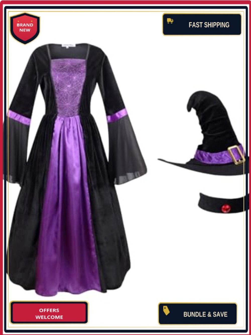 Women's Wicked Witch Costume Dress with Hat Choker Halloween
